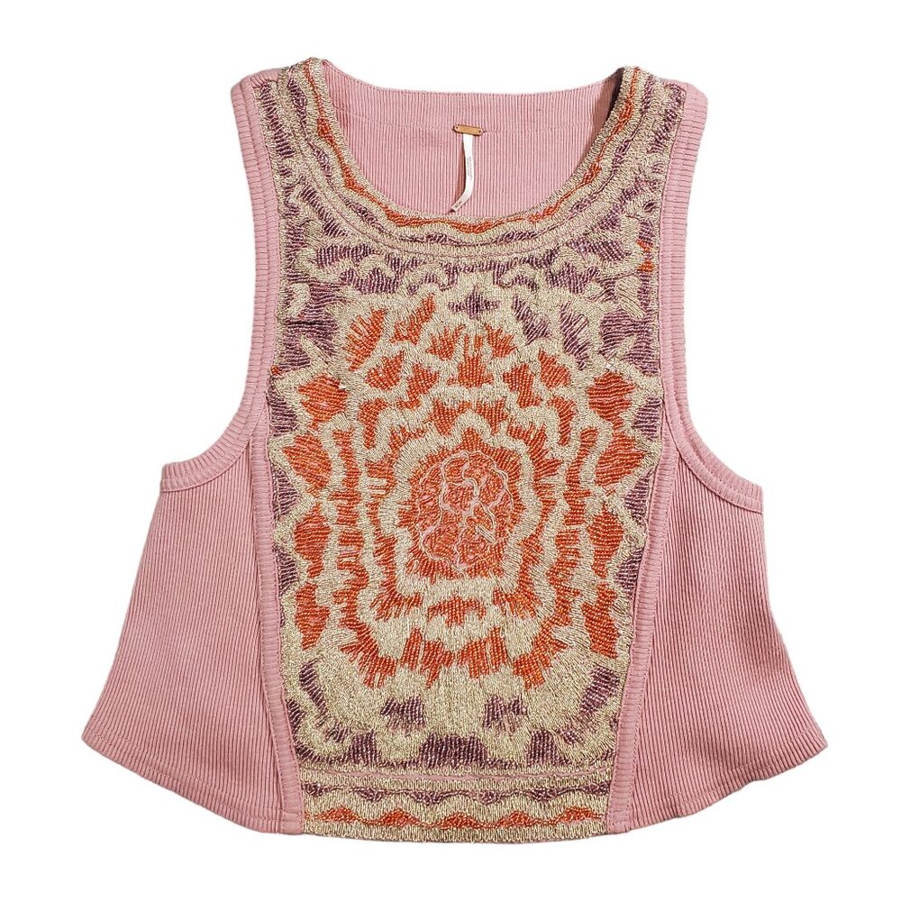 Free People Cropped Beaded Ribbed Embossed Tank Top - Medium